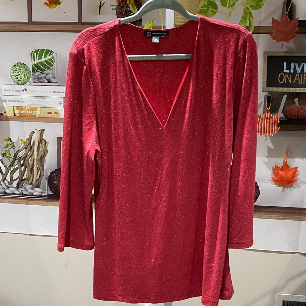 INC International Concepts Red Sparkle V-Neck Long Sleeve Top